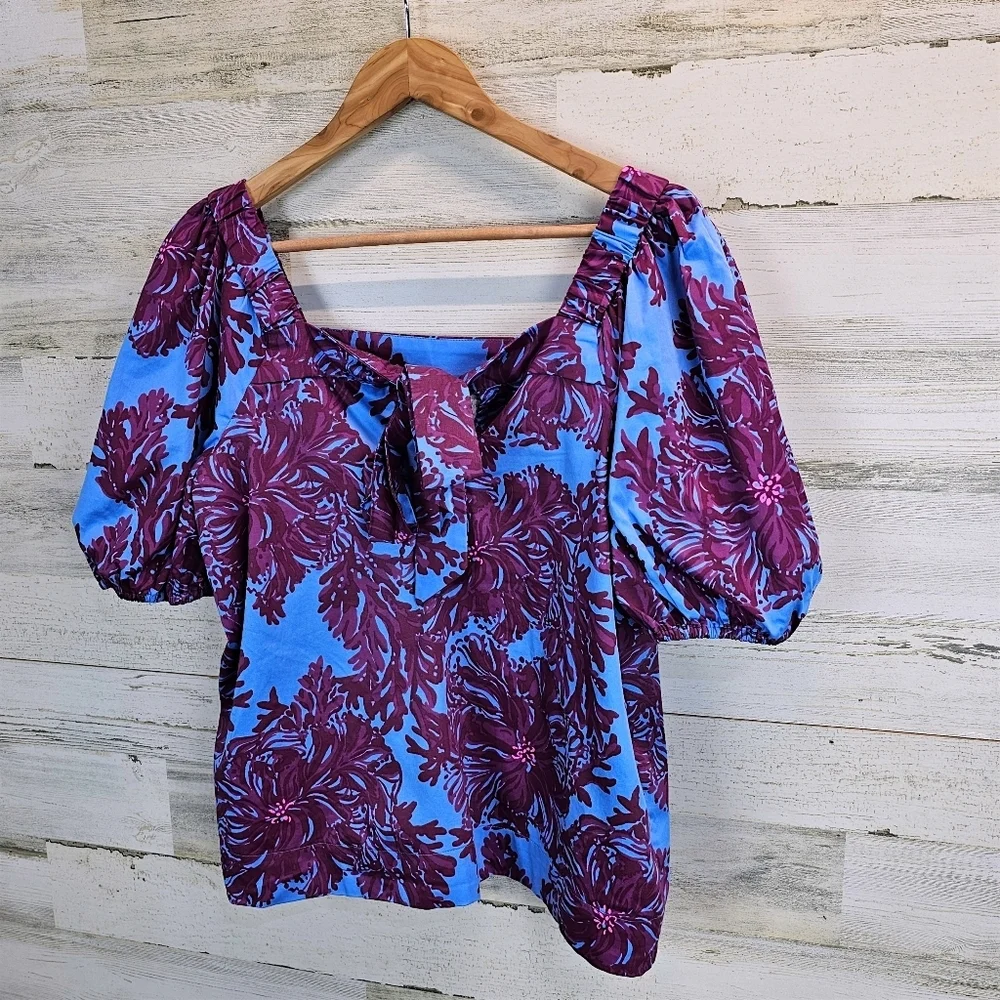Lilly Pulitzer Torrey Floral Tie Back Top 10 Stretch Poplin Puff Sleeves Preppy